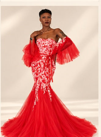 DivineWear Crimson Lace Mermaid Gown — approved editorial model