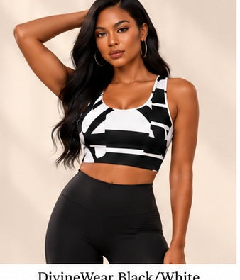 DivineWear Black/White Block Longline Sports Bra — approved editorial model