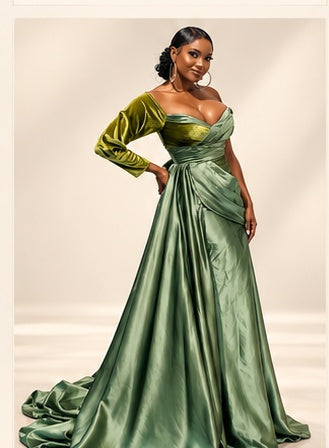 DivineWear Olive Satin Gown — approved editorial model