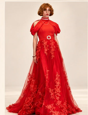 DivineWear Scarlet Draped Gown — approved editorial model