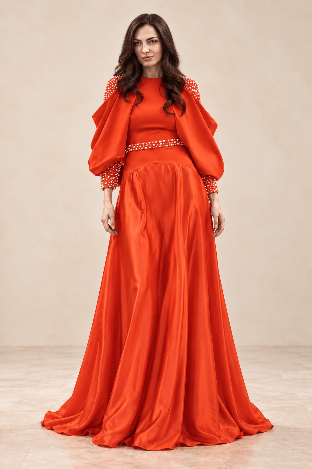 Eulita Collection orange-red pearl-trim full-length gown