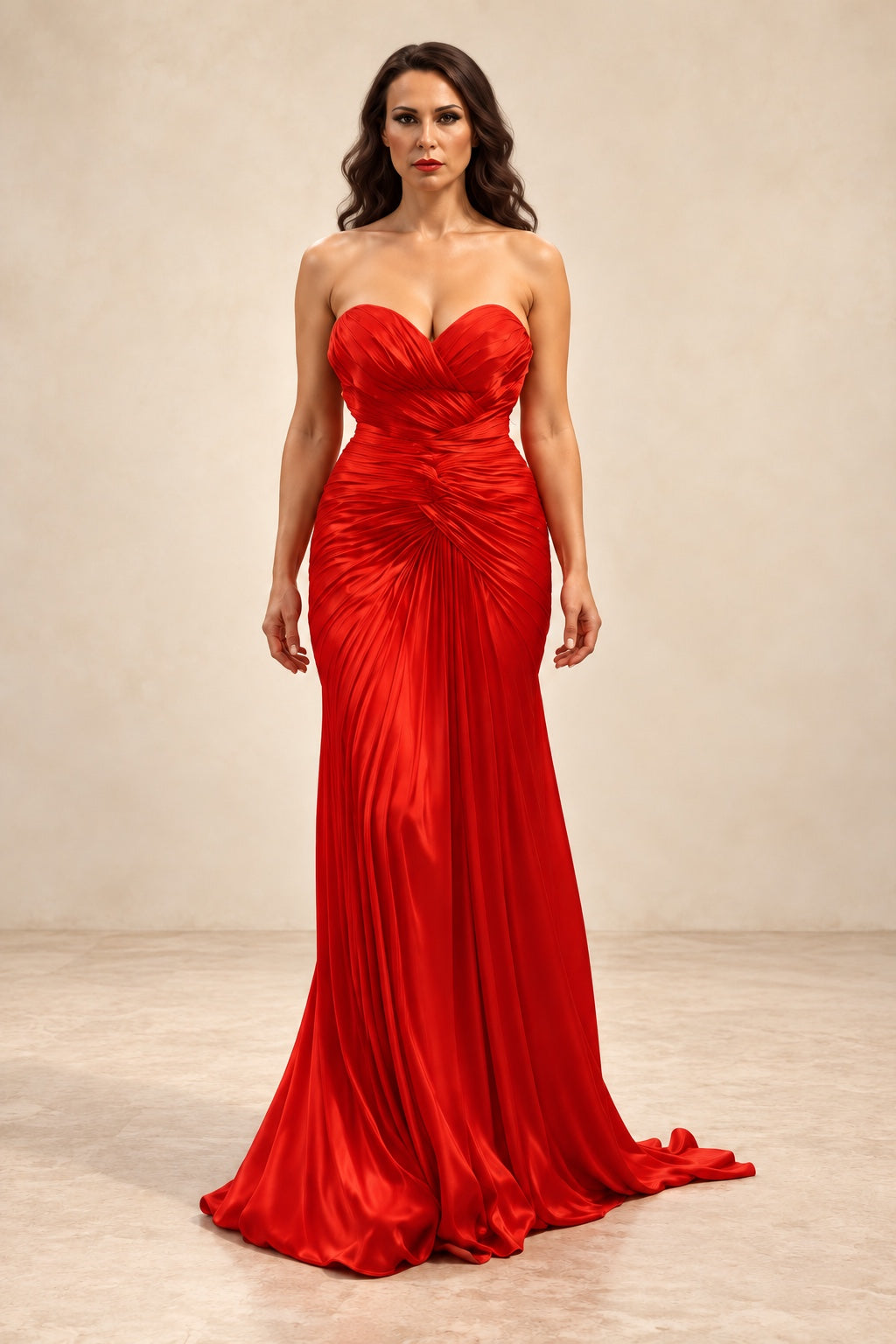 Eulita Collection red strapless sweetheart ruched gown