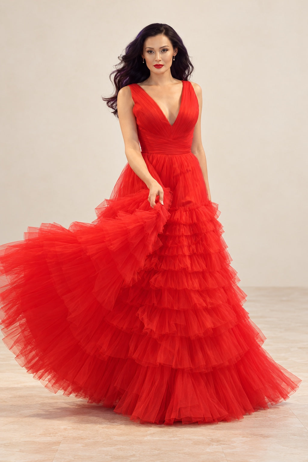 Eulita Collection red V-neck tiered tulle gown