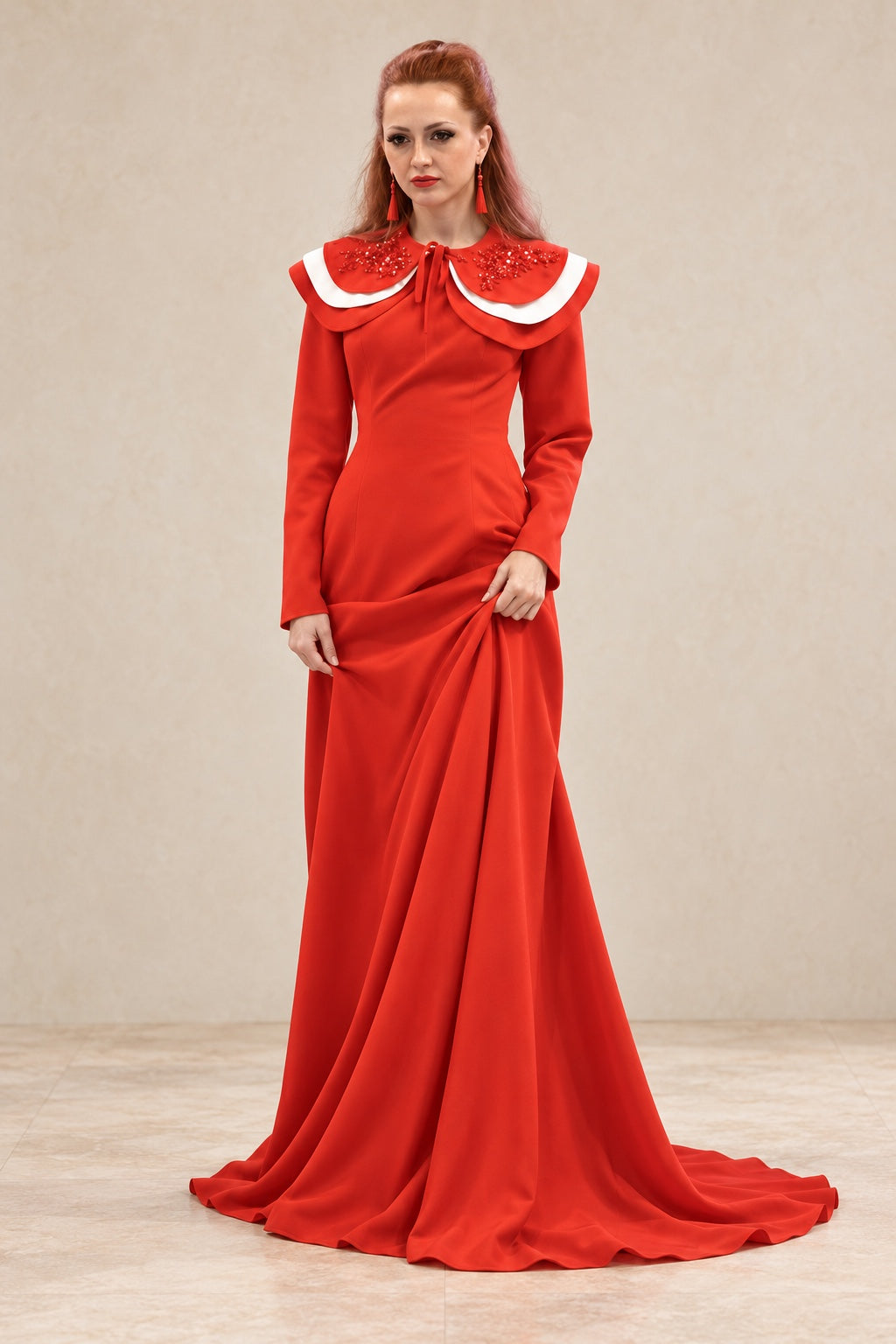 Eulita Collection red gown with embellished red and white layered collar