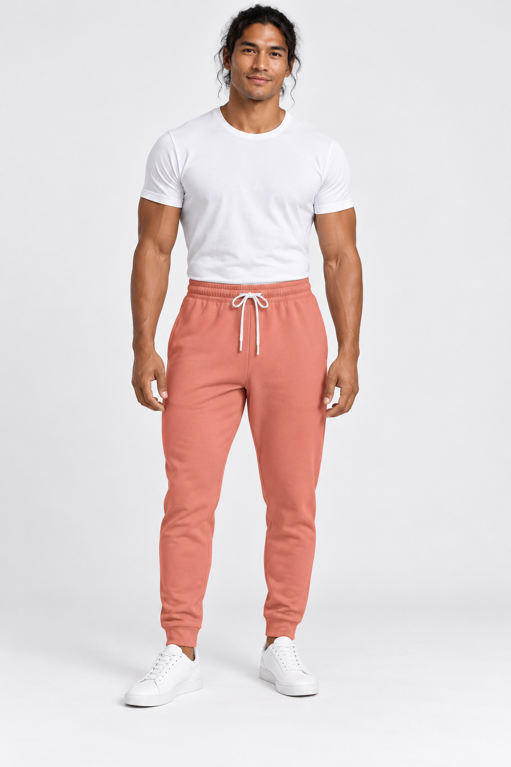 Hawaiian male model wearing DivineWear Peach Orchard mens joggers