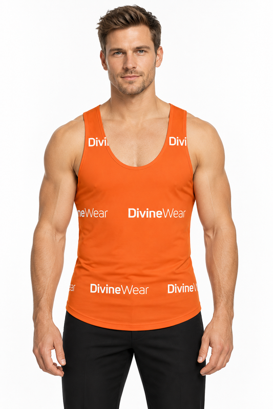 German male model wearing DivineWear Orange Crush UniTank