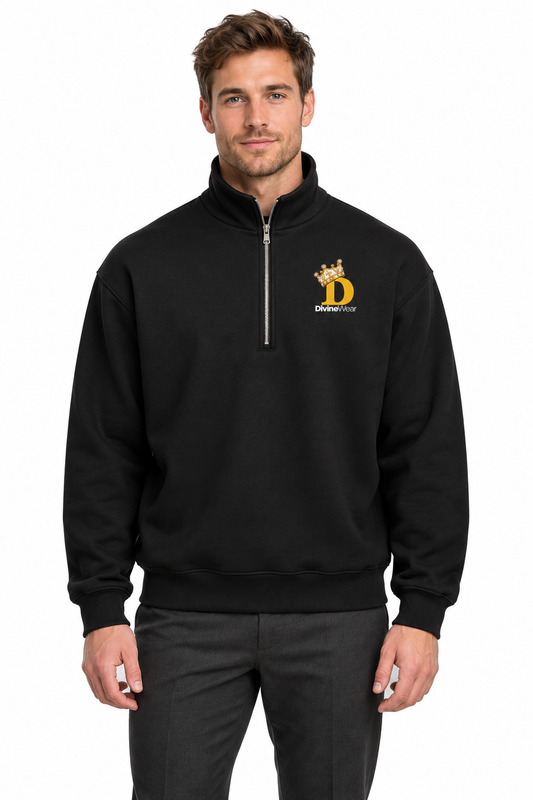 Norwegian male model wearing DivineWear black crown half-zip pullover