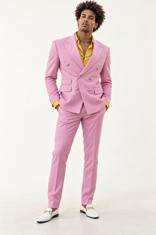 Virgin Islander male fashion model wearing DivineWear pink double-breasted runway suit