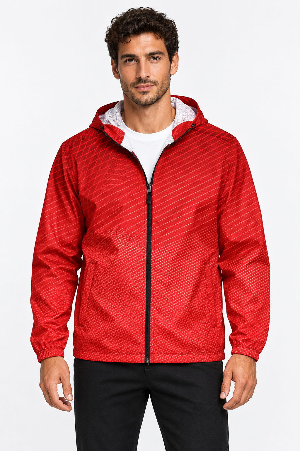 Israeli male model wearing DivineWear Ruby Red mens windbreaker