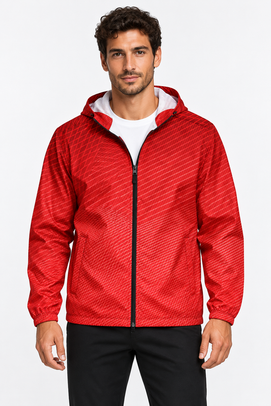 Israeli male model wearing DivineWear Ruby Red mens windbreaker