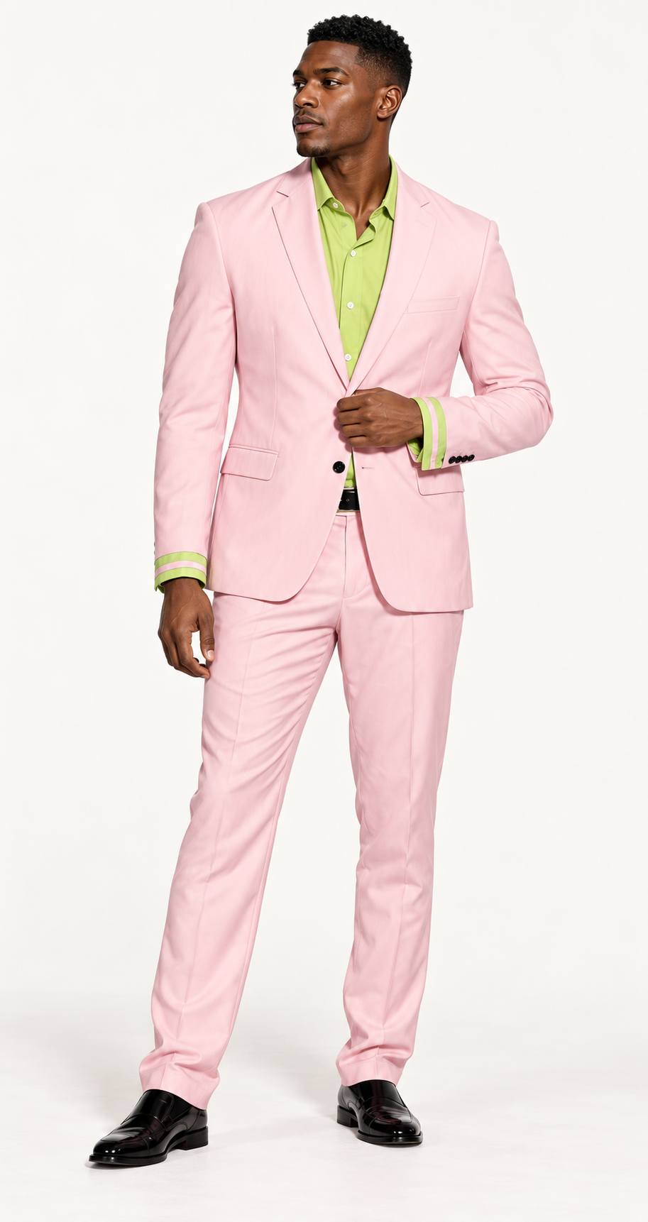 African American high-fashion male model wearing DivineWear blush pink runway suit with lime green accents