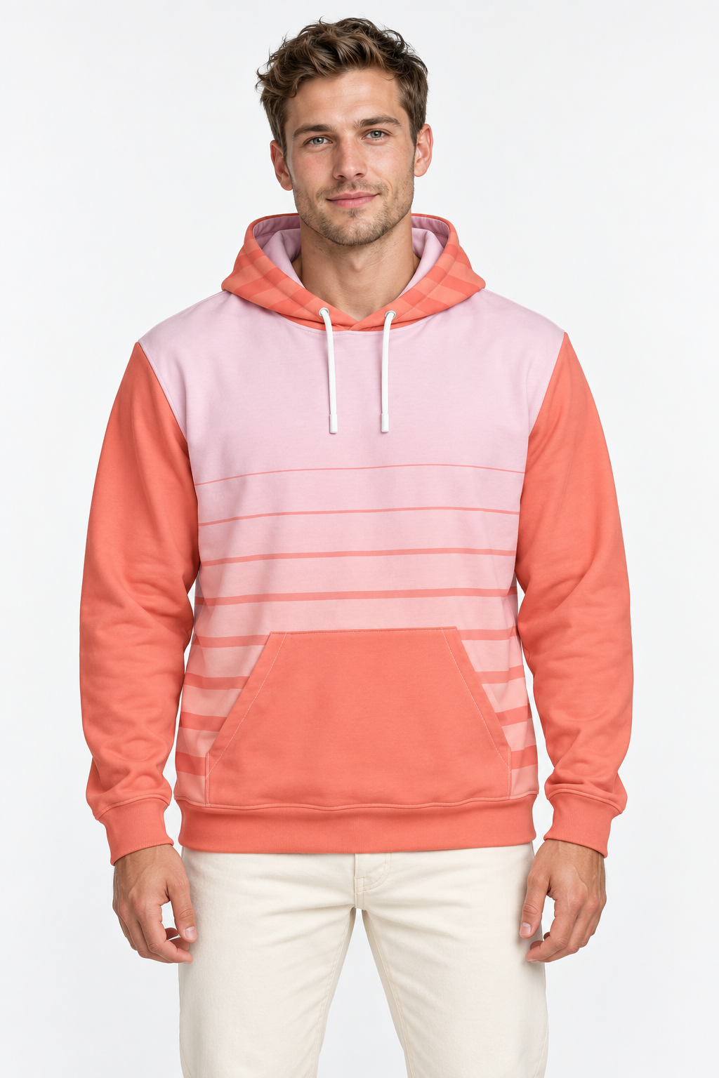 German male model wearing DivineWear Peach Orchard mens hoodie