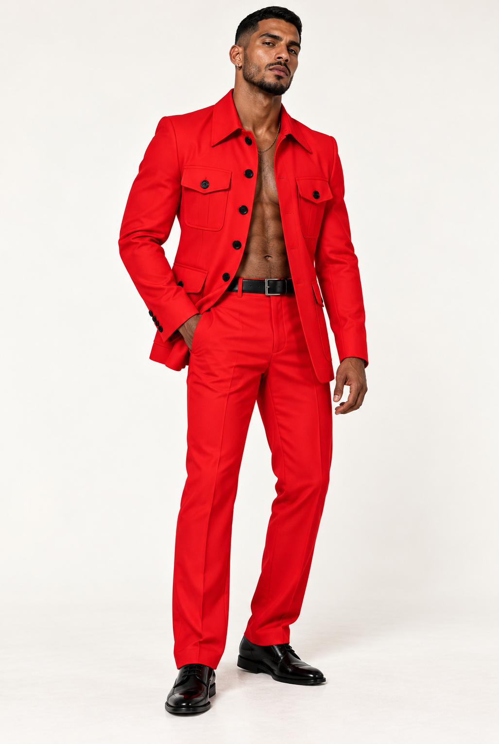 Cuban male fashion model wearing DivineWear red safari runway suit