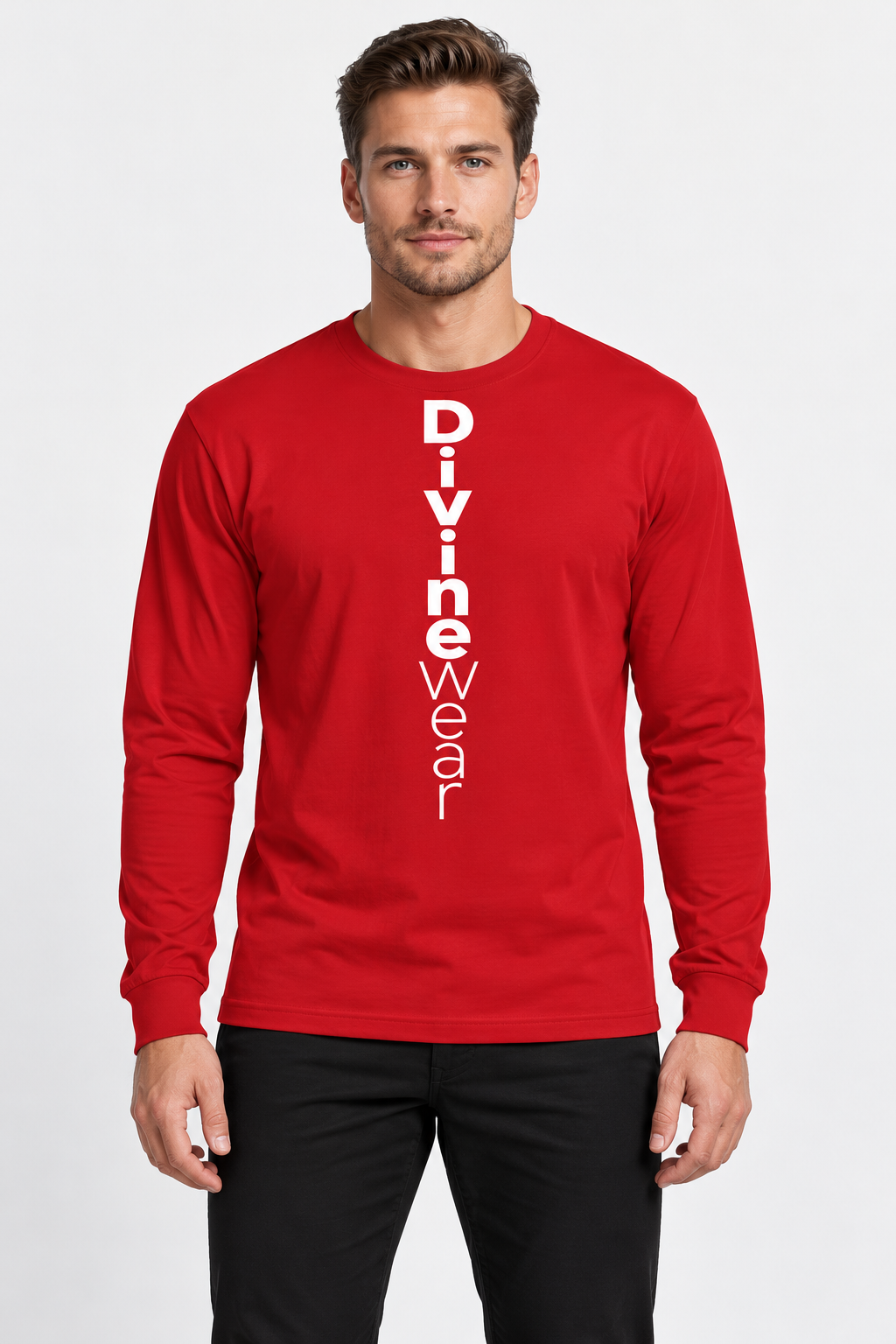 Ukrainian male model wearing DivineWear red Long Sleeve Tee