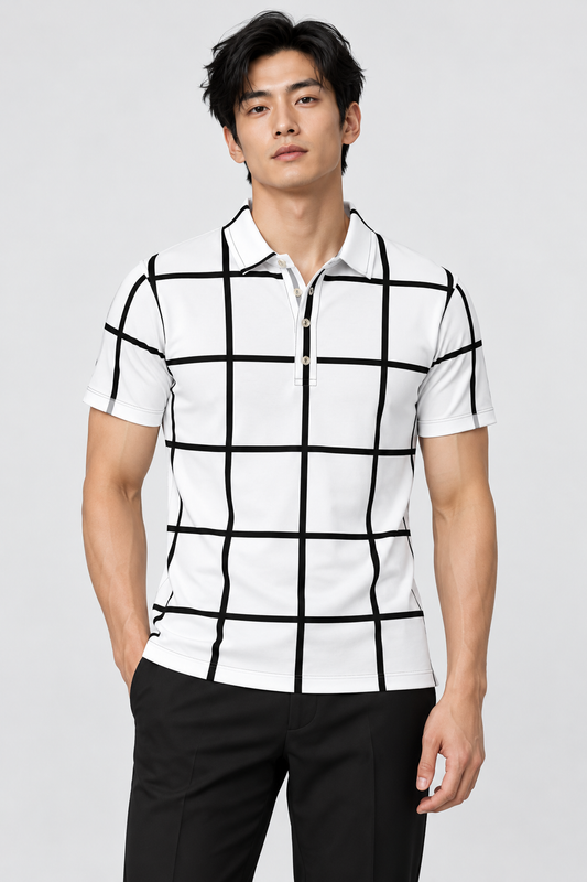 Japanese male model wearing DivineWear Blocked B/W Fitted Polo
