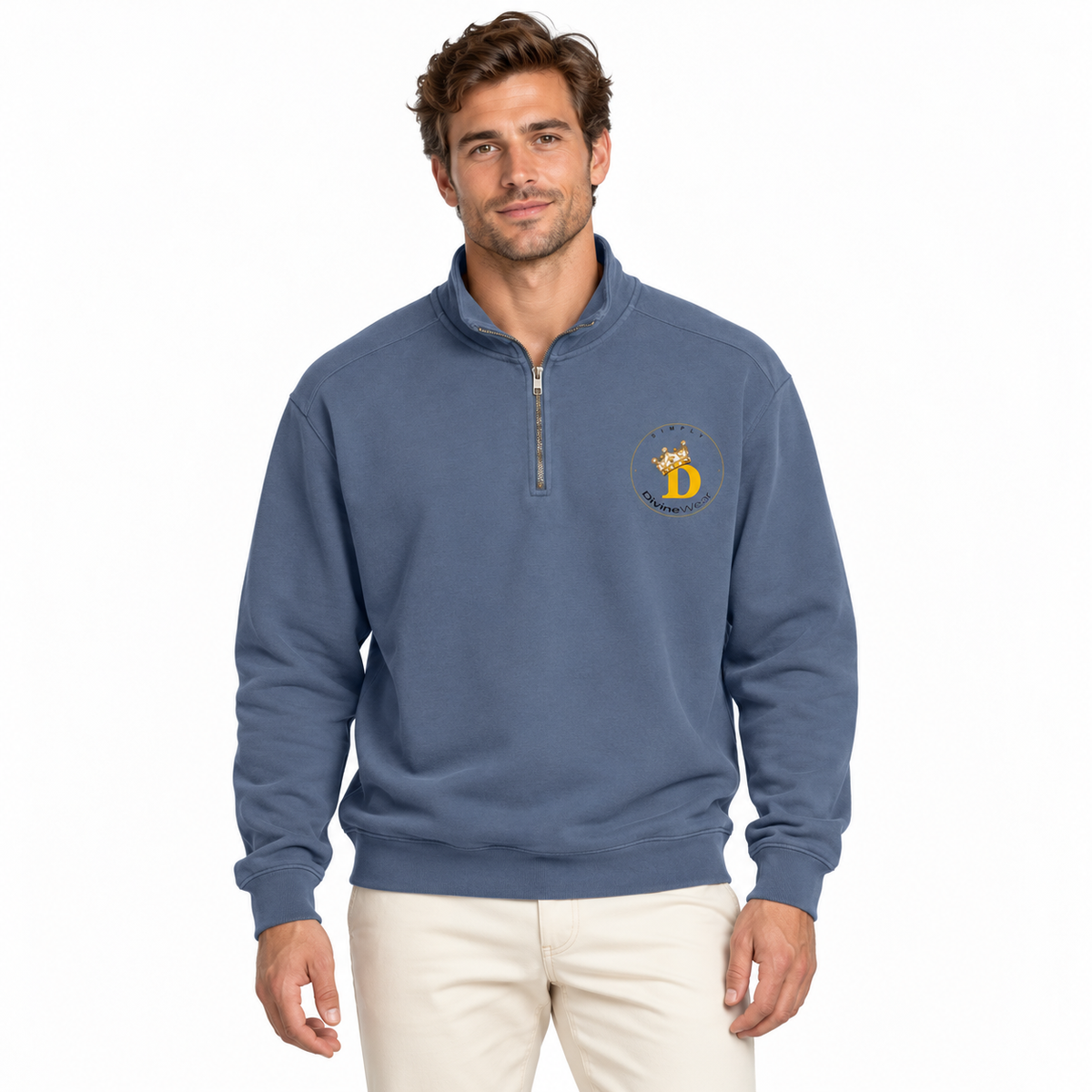Australian male model wearing DivineWear blue quarter-zip sweatshirt