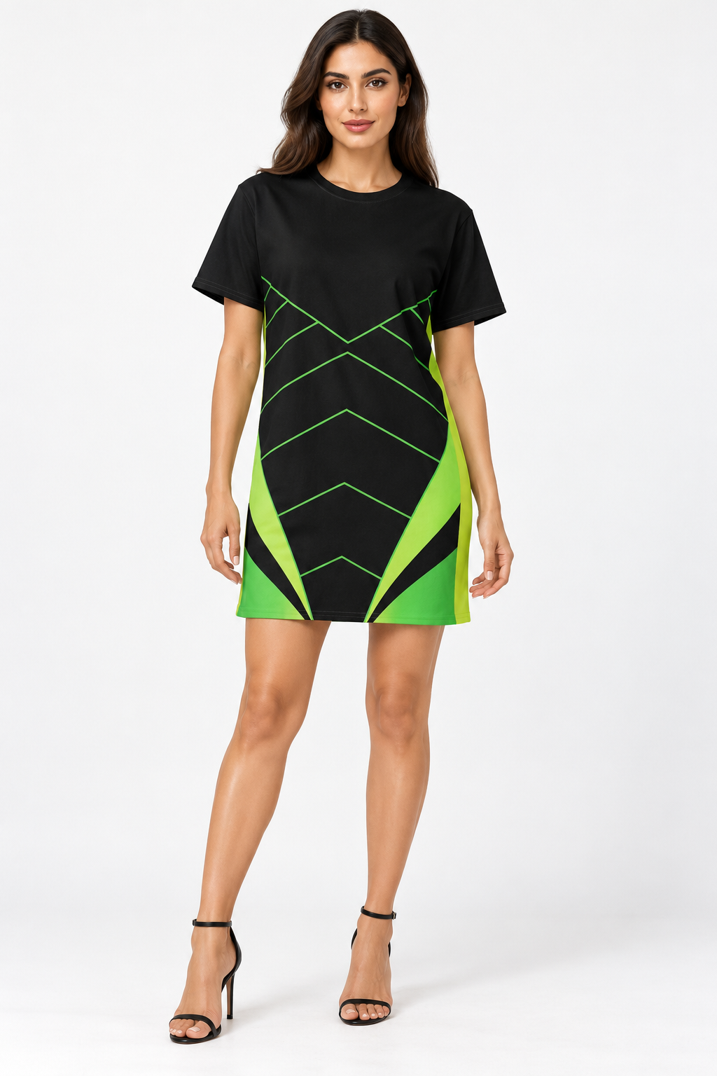 Iranian female fashion model wearing DivineWear Graphic Cotton T-shirt dress