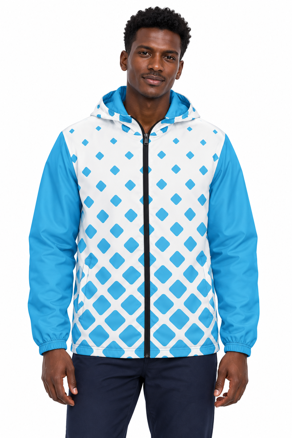 Sudanese male model wearing DivineWear Sky Blue windbreaker