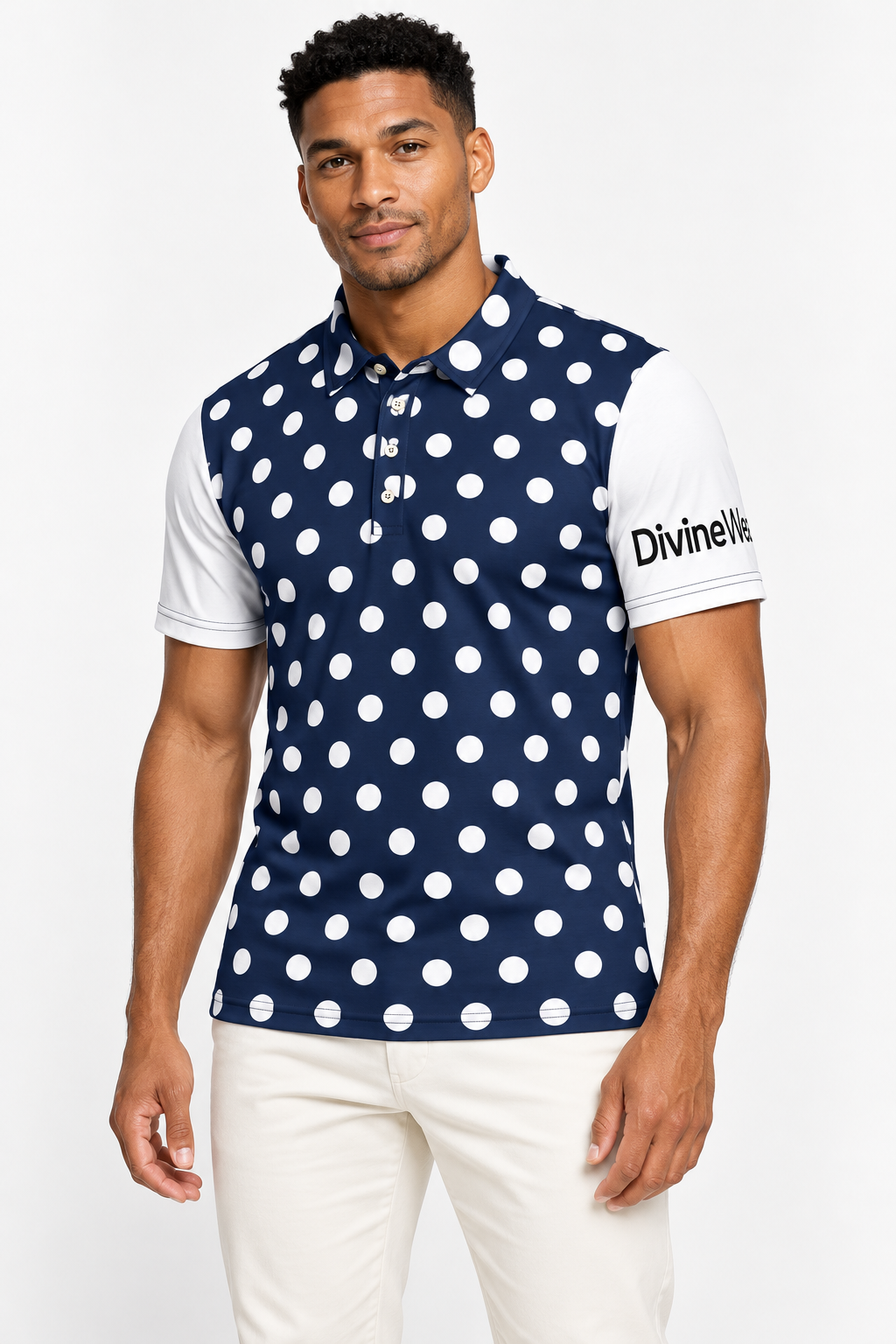 Light-skinned Jamaican male model wearing DivineWear Polka Dot polo