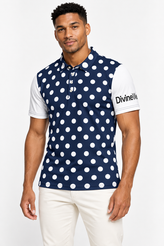 Light-skinned Jamaican male model wearing DivineWear Polka Dot polo