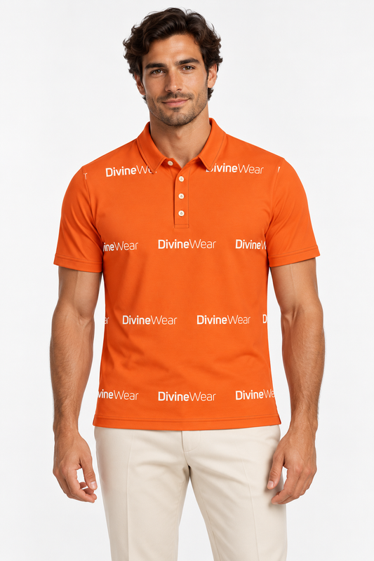Italian male model wearing DivineWear orange slim fit polo