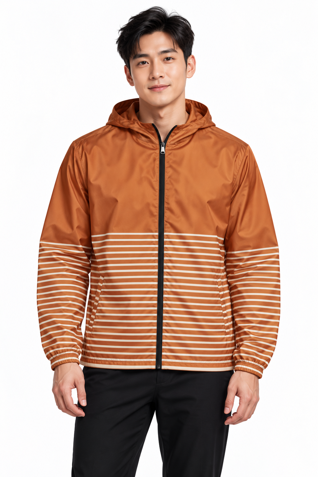 Taiwanese male model wearing DivineWear rust striped windbreaker