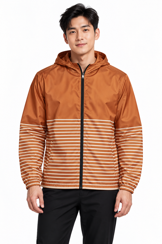Taiwanese male model wearing DivineWear rust striped windbreaker