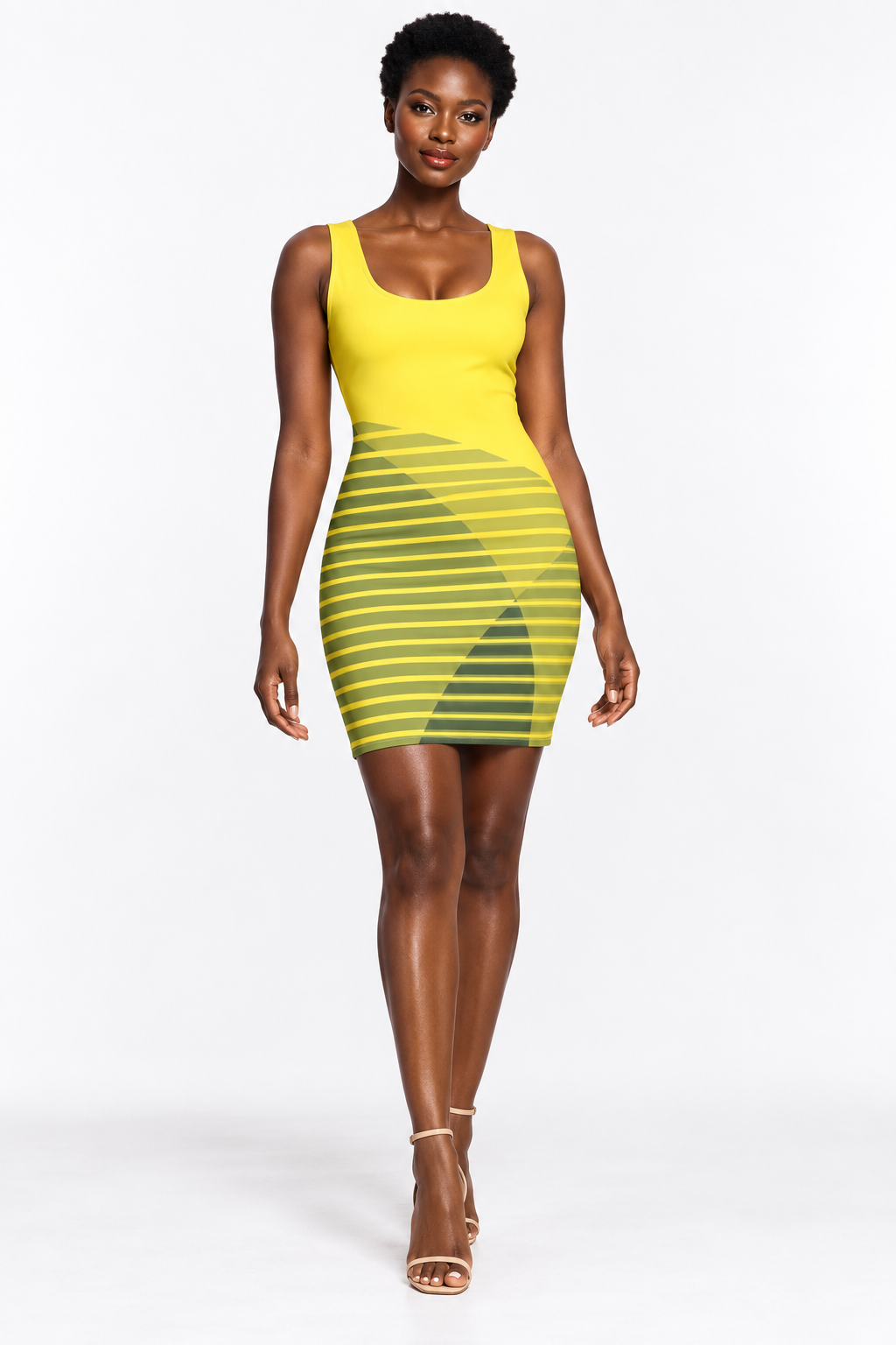 Ugandan female fashion model wearing DivineWear Lemon Drop Bodycon dress
